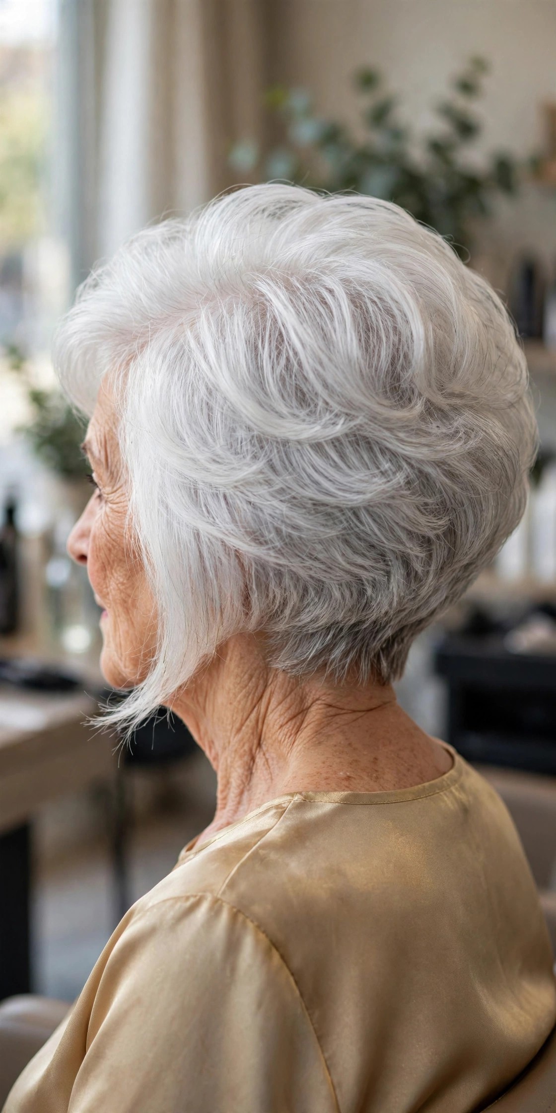 rounded graduated bob haircut with full crown blowout and bright white silver hair on a woman over 60
