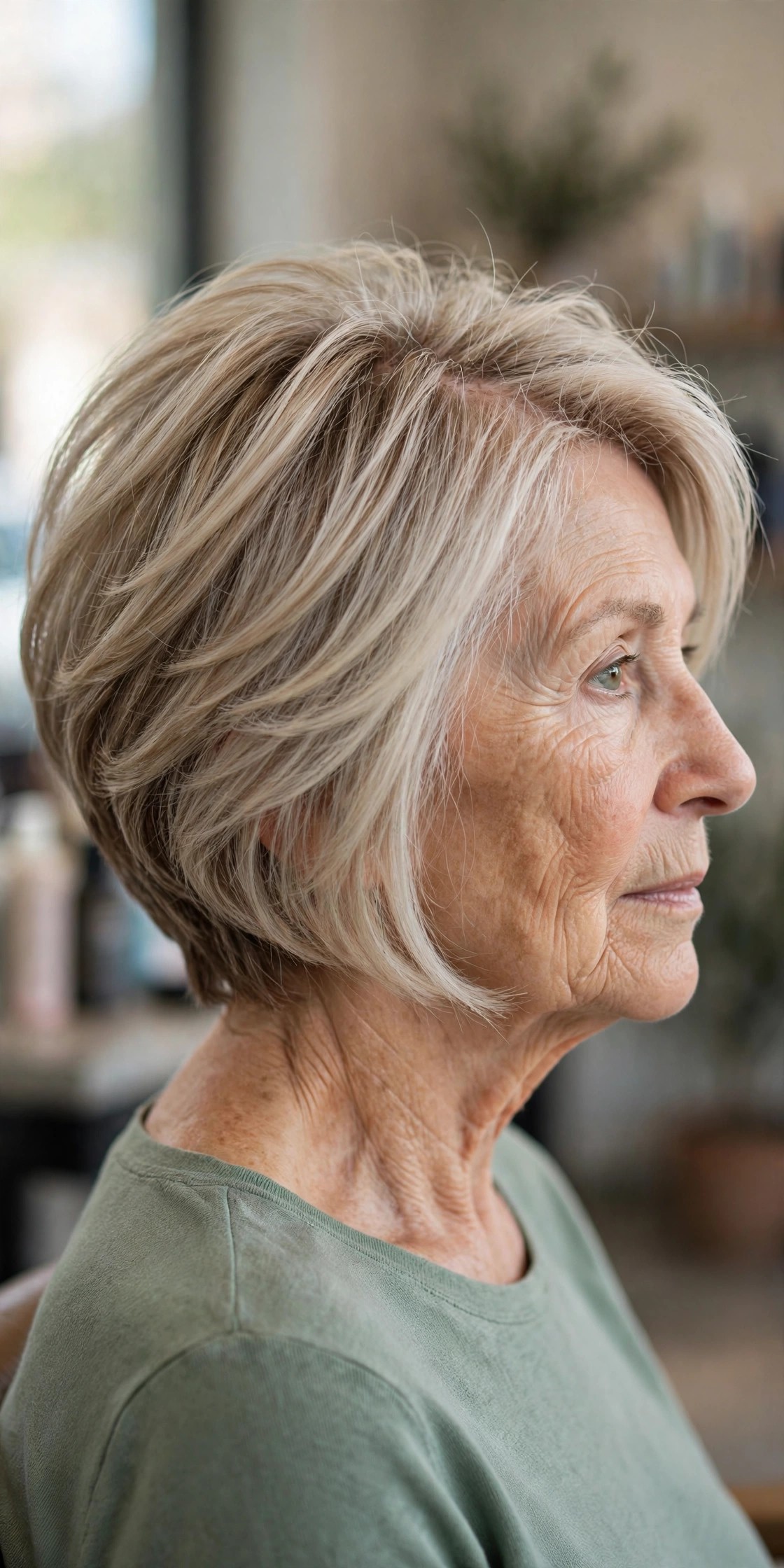 feathered graduated bob haircut for fine hair with ash blonde hair on a woman over 60