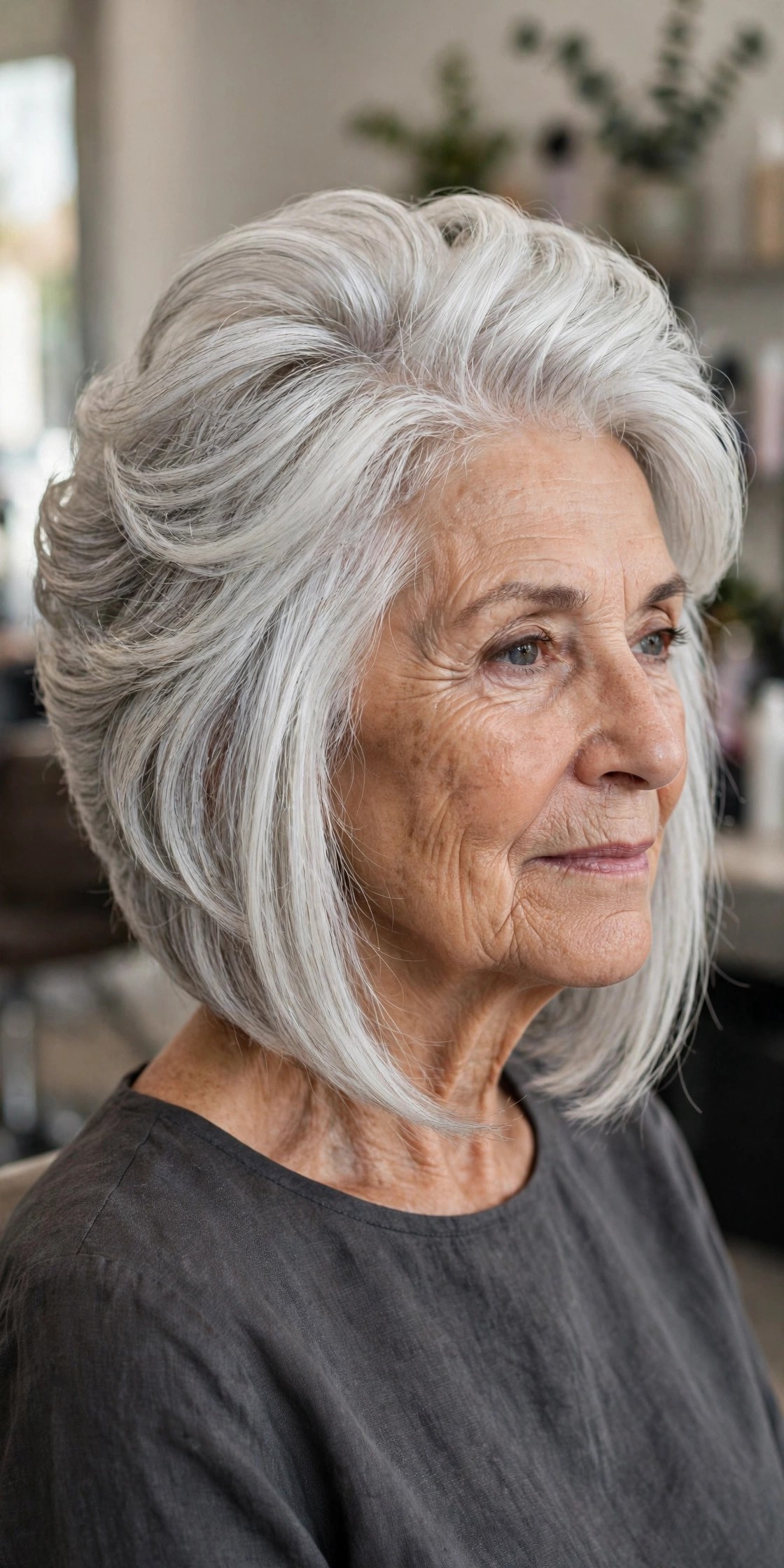 silver graduated bob haircut with rounded crown and bright silver hair on a woman over 60