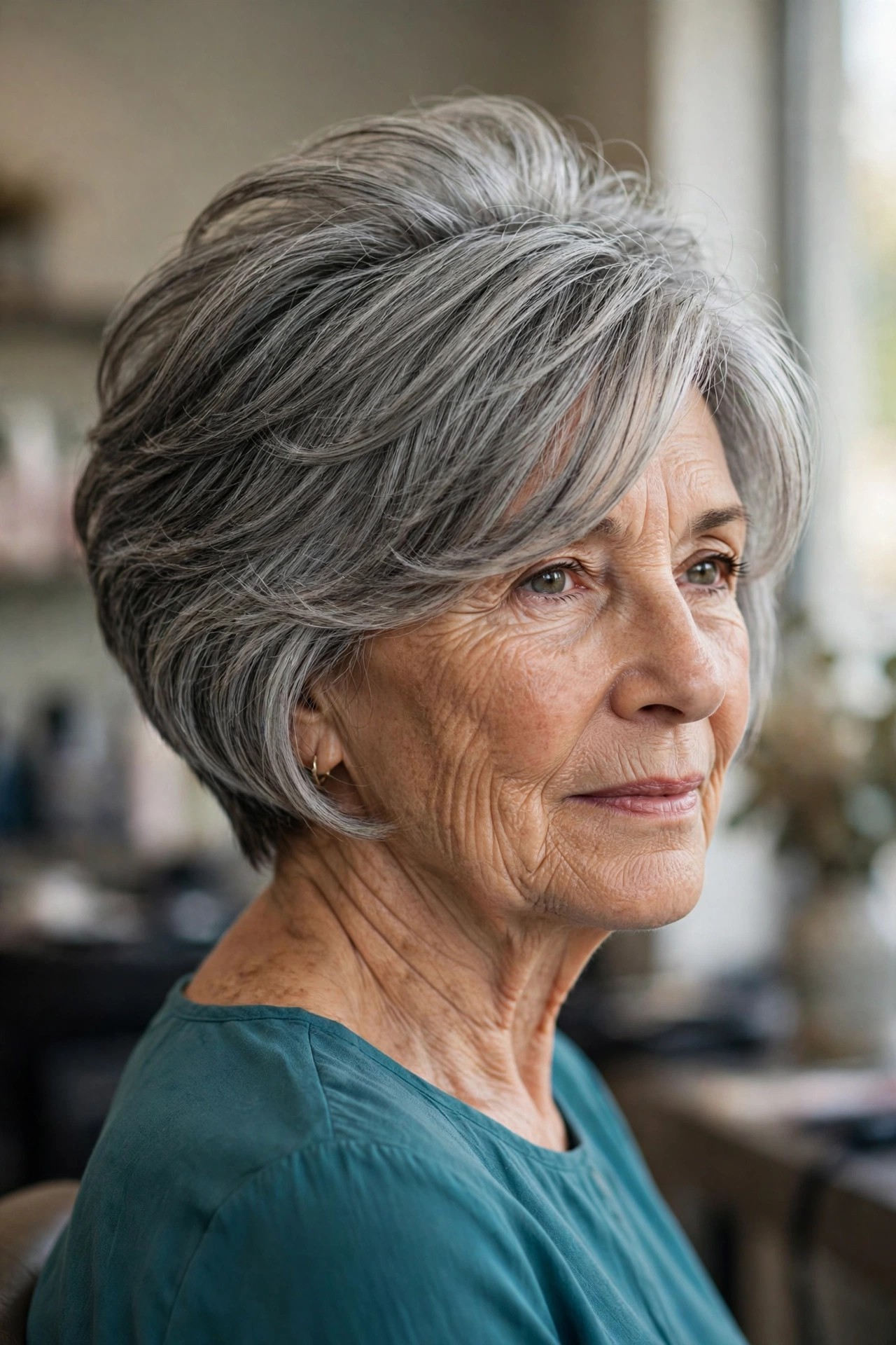 graduated bob haircut with side-swept bangs and salt and pepper hair on a woman over 60