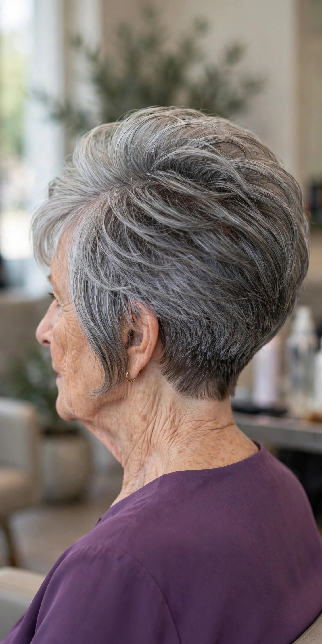 short graduated bob haircut with tapered nape and steel gray hair on a woman over 60