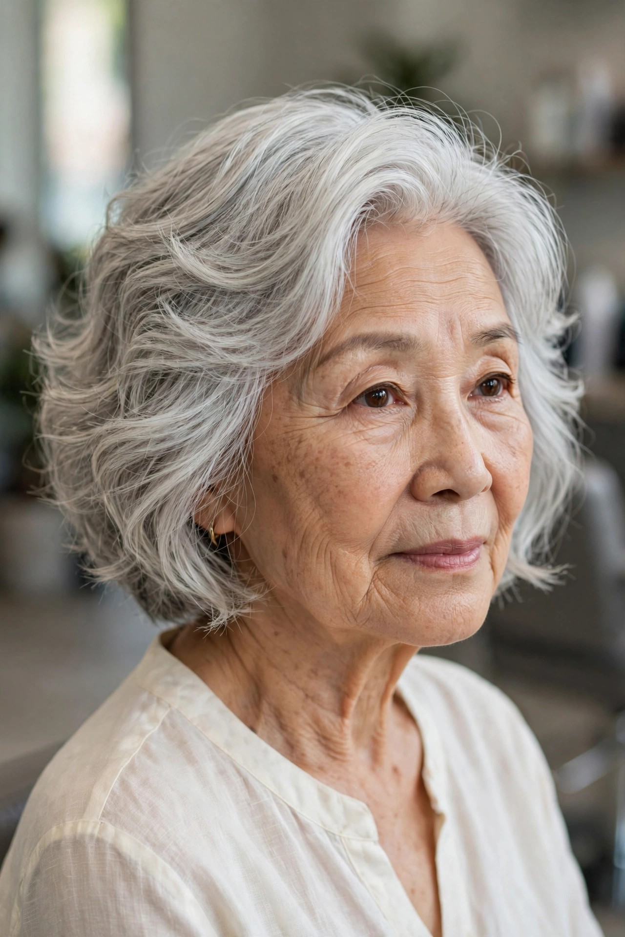 wavy graduated bob haircut with lifted back and silver white wavy hair on a woman over 60