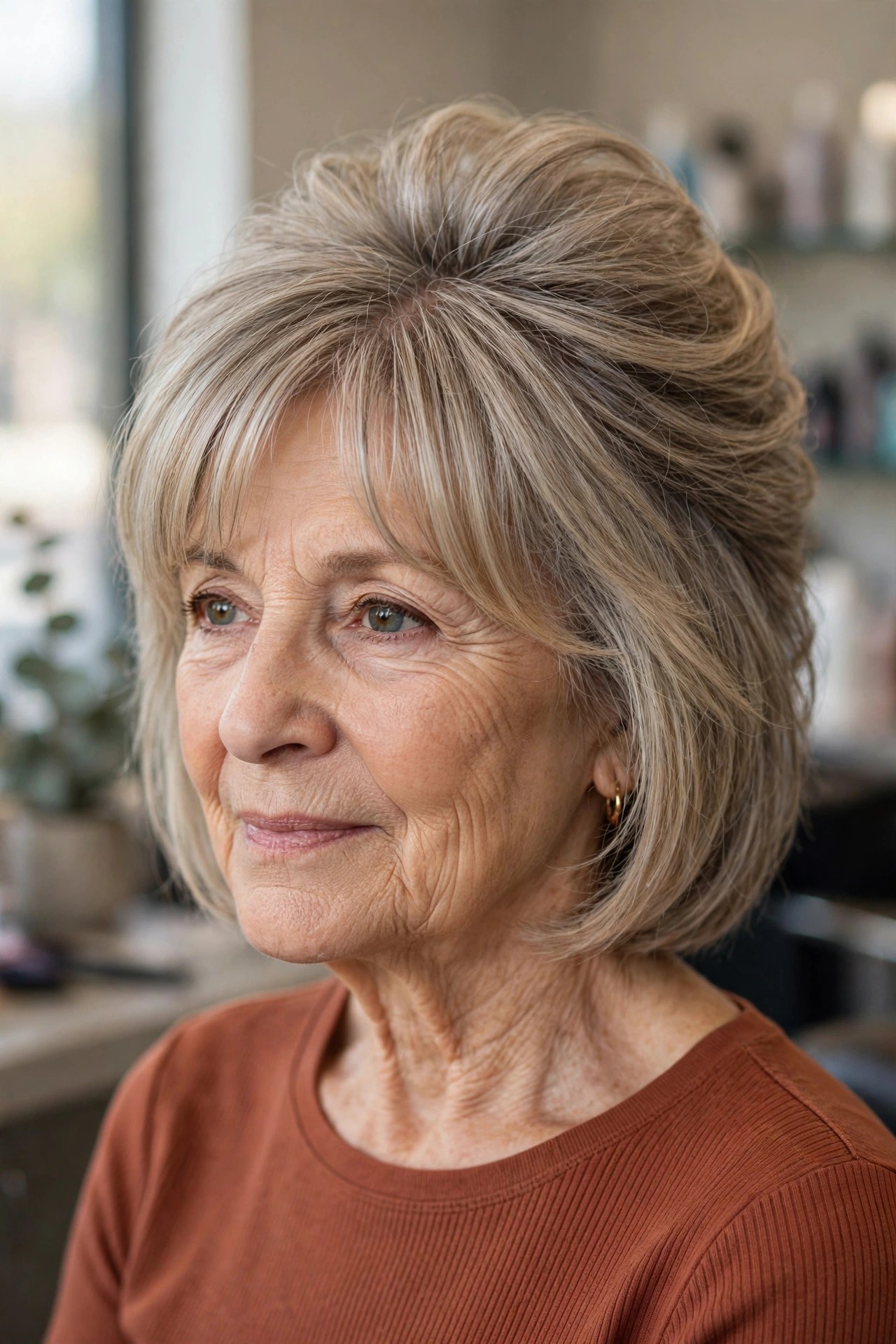 graduated bob haircut with soft curtain bangs and warm gray blonde hair on a woman over 60