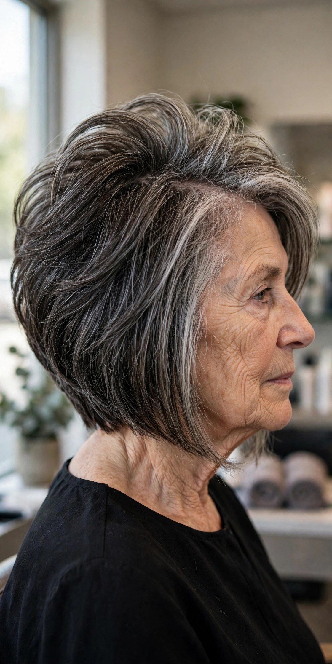 graduated bob haircut in salt and pepper hair with stacked crown on a woman over 60