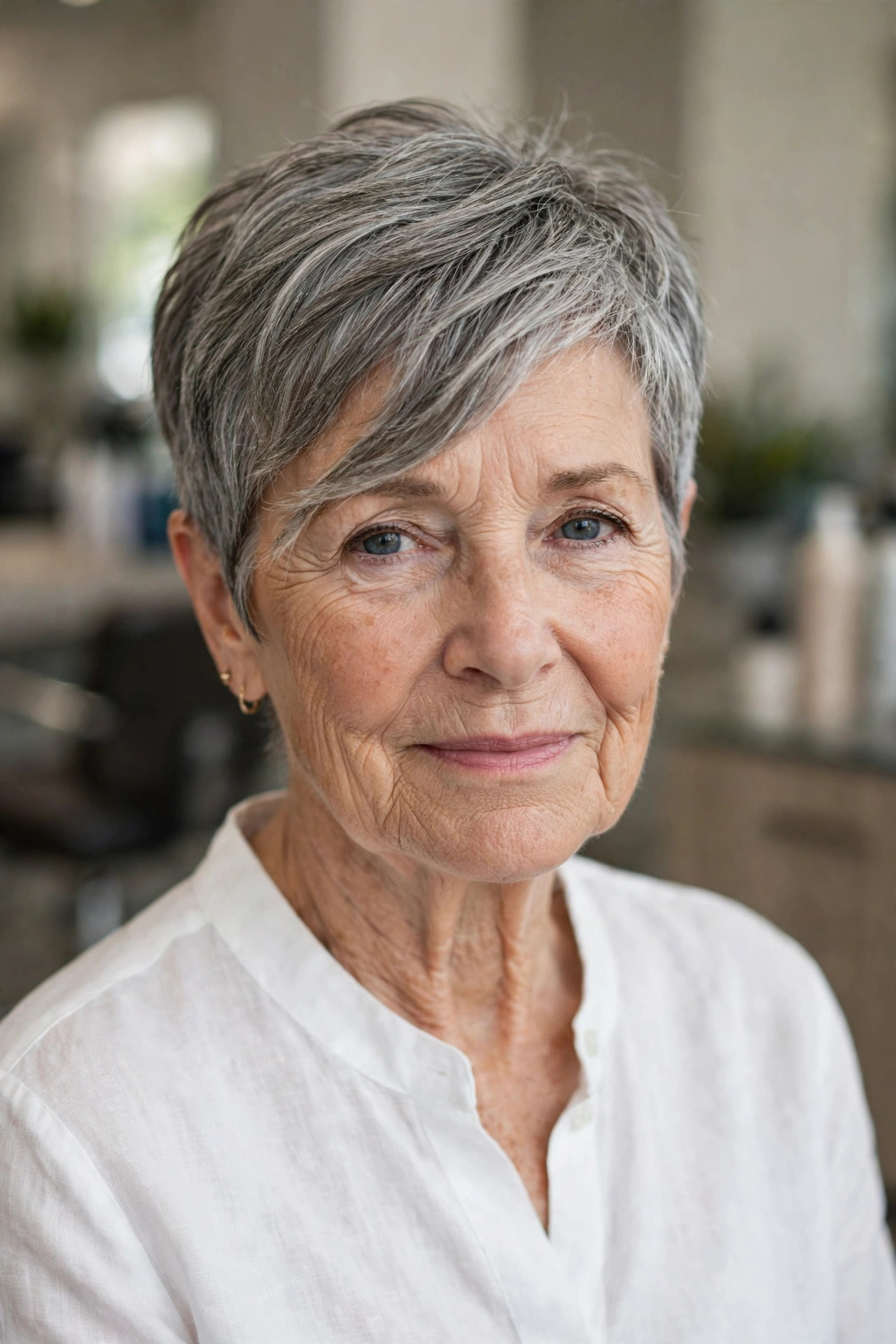 Gray Pixie with Side-Swept Fringe - gray hairstyle for woman over 50