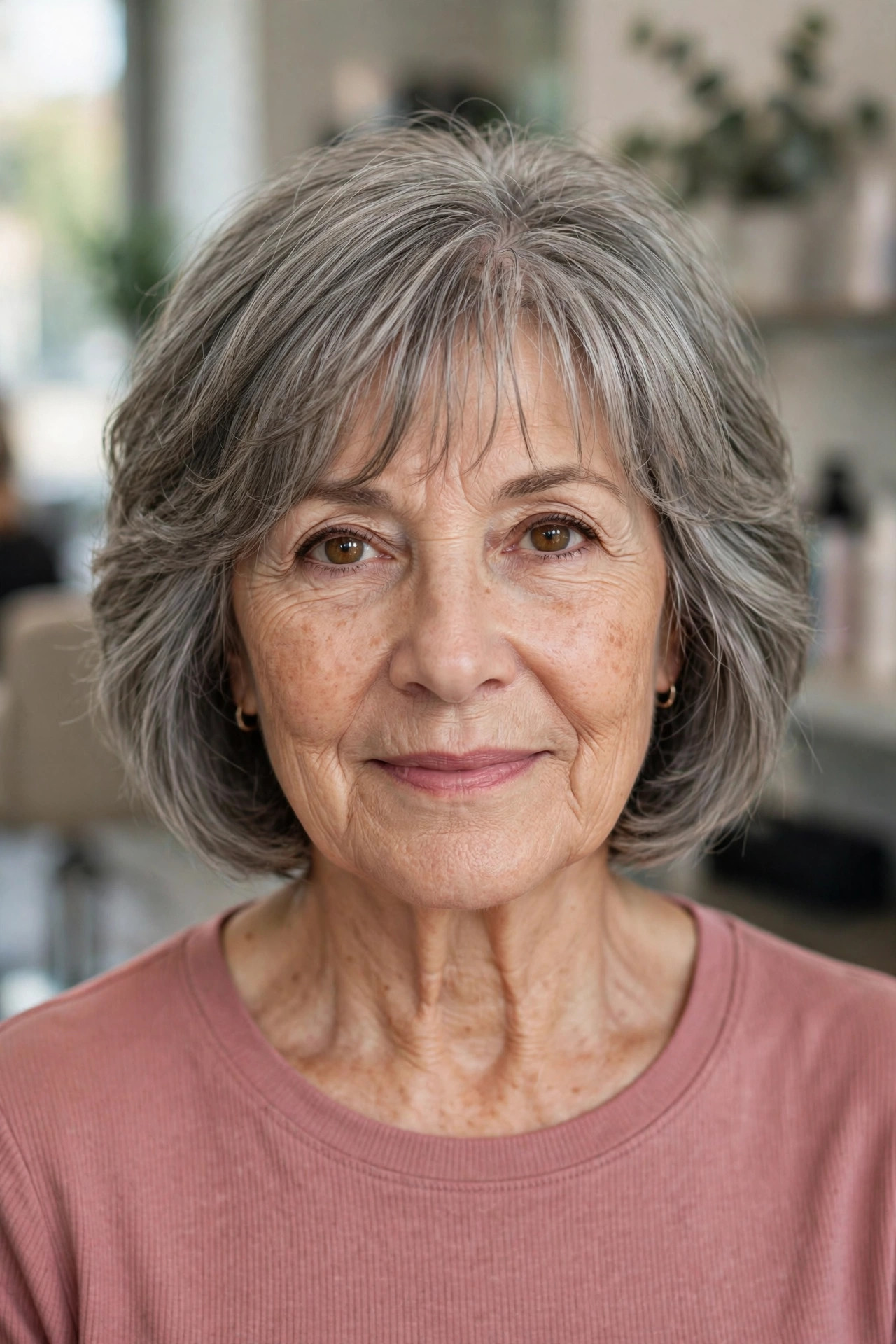 Layered Gray Bob with Wispy Fringe - gray hairstyle for woman over 50