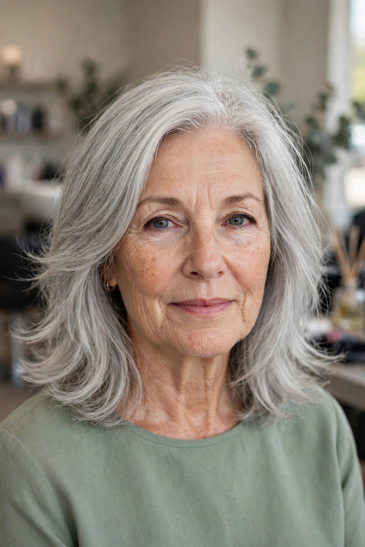 Silver Feathered Layers - gray hairstyle for woman over 50
