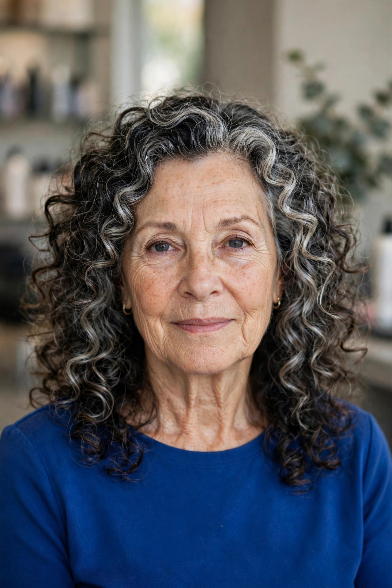 Voluminous Salt-and-Pepper Curls - gray hairstyle for woman over 50