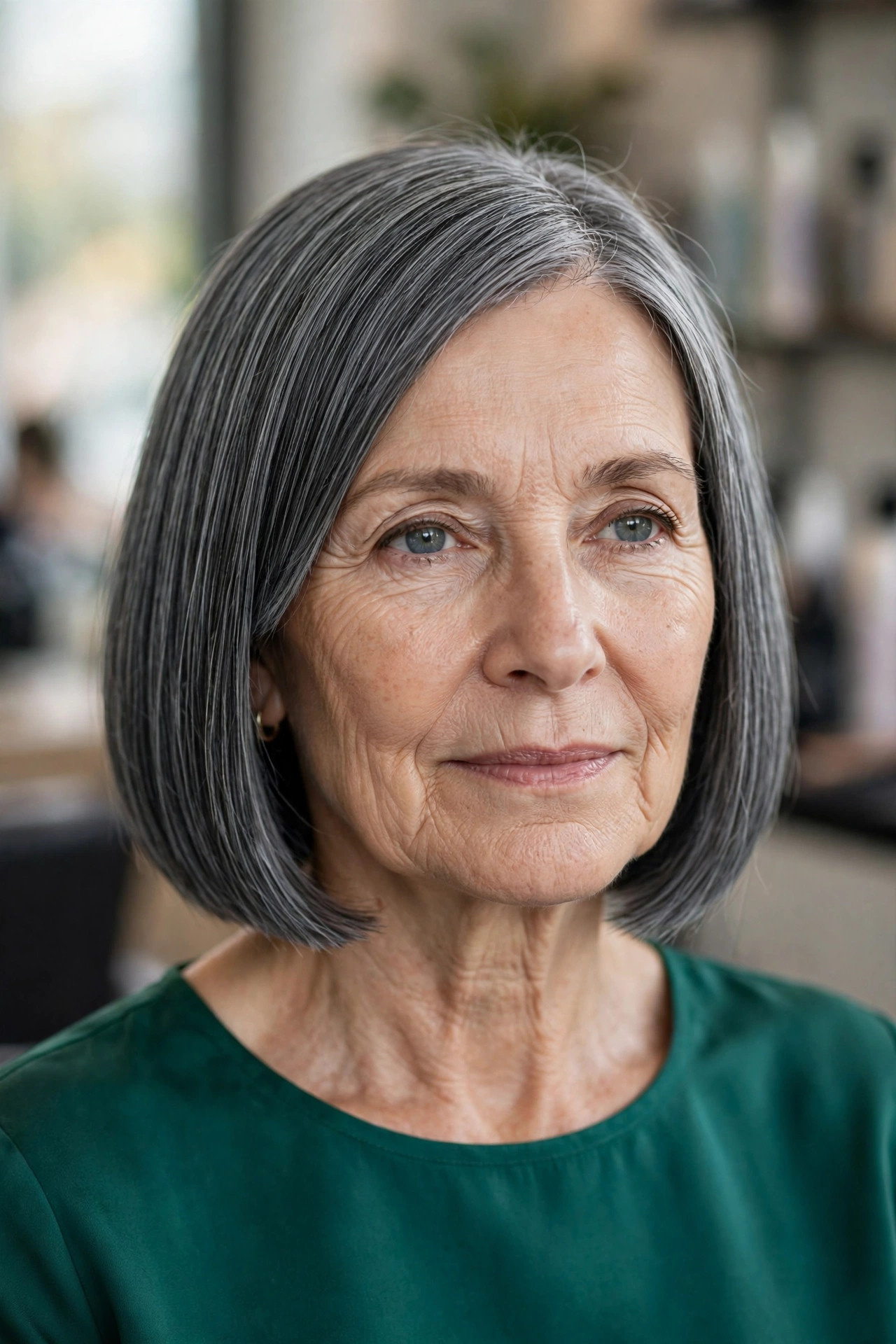 Chin-Length Blunt Gray Bob - gray hairstyle for woman over 50