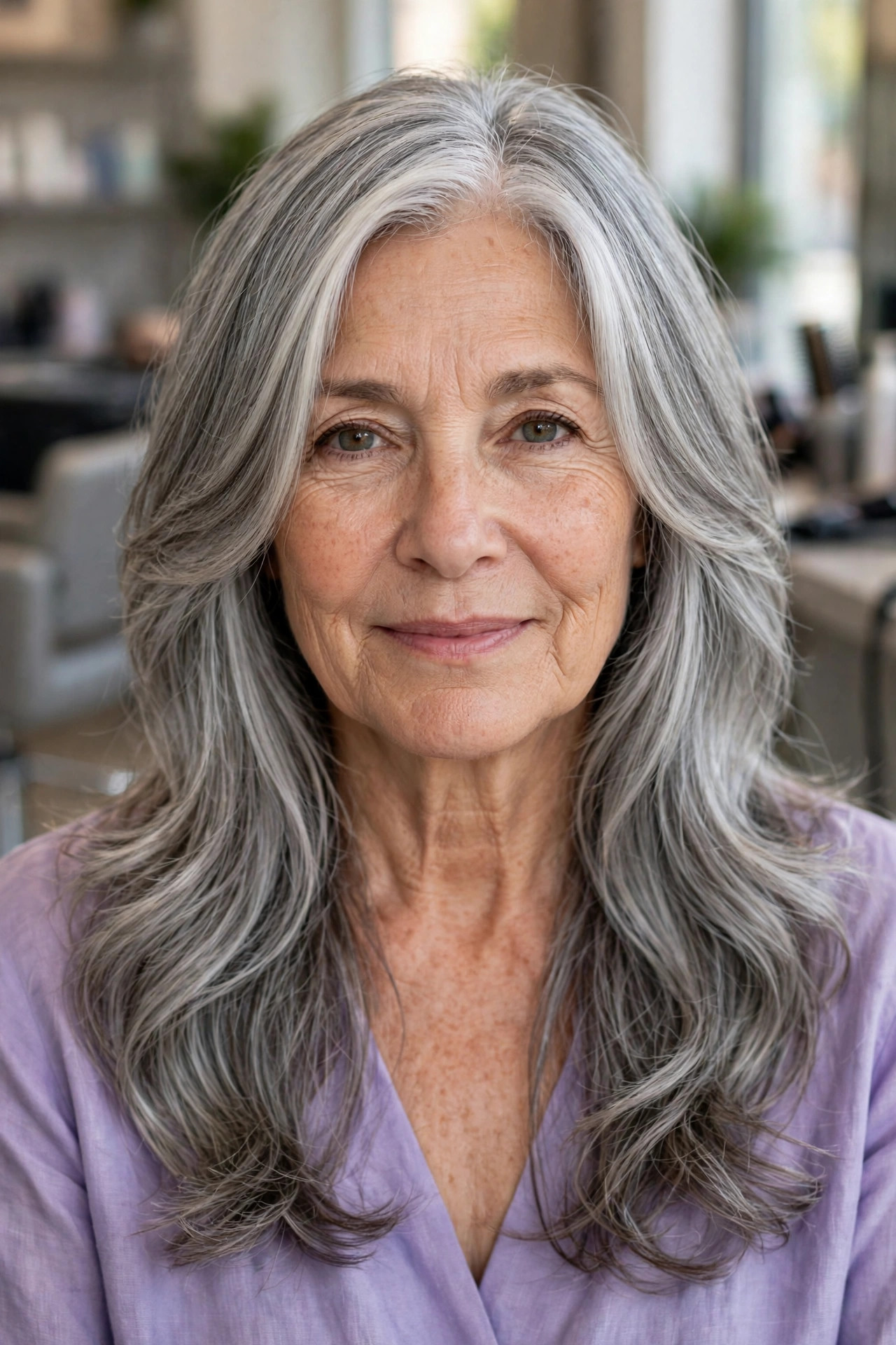 Long Gray Hair with Face-Framing Layers - gray hairstyle for woman over 50