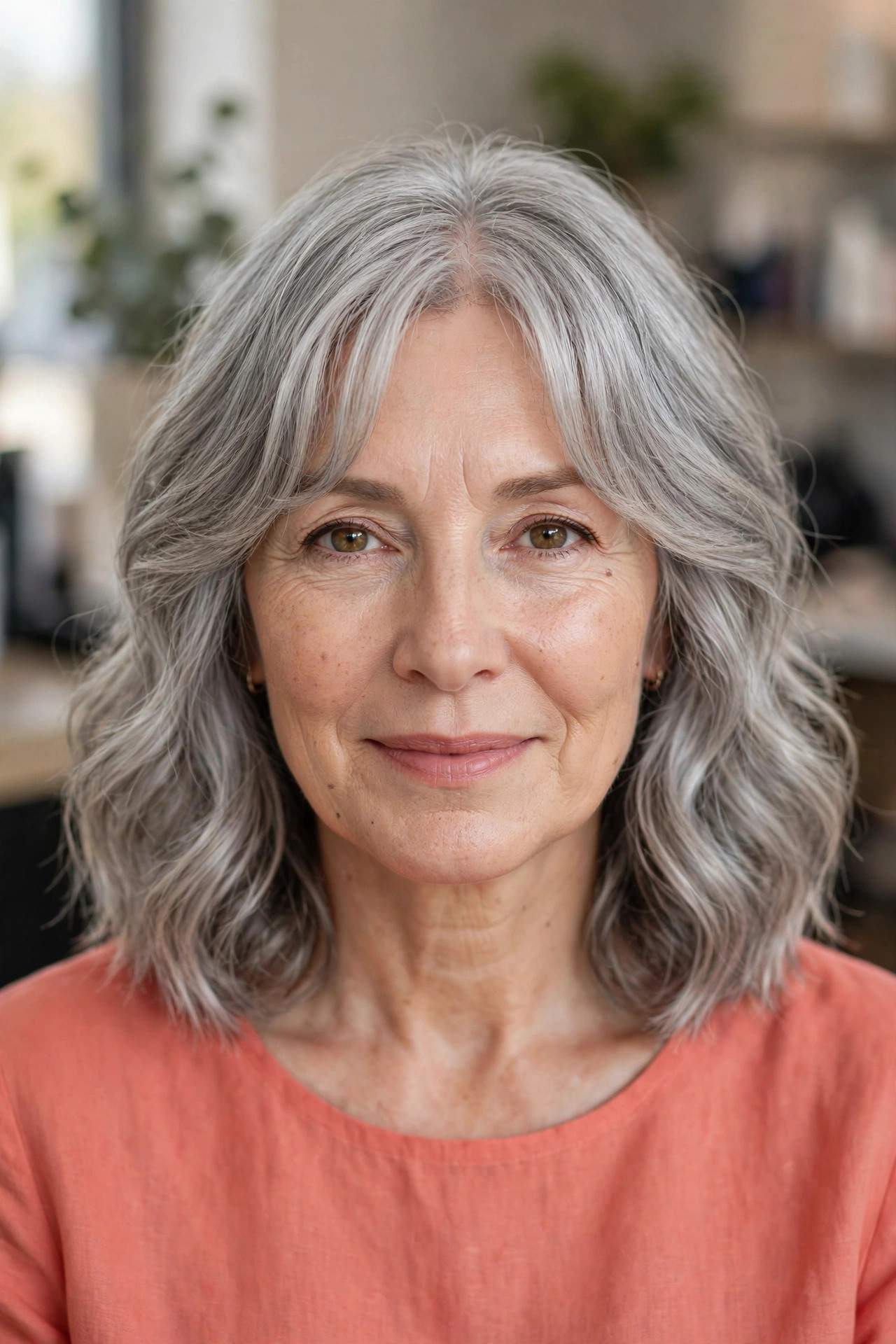 Wavy Gray Lob with Curtain Bangs - gray hairstyle for woman over 50