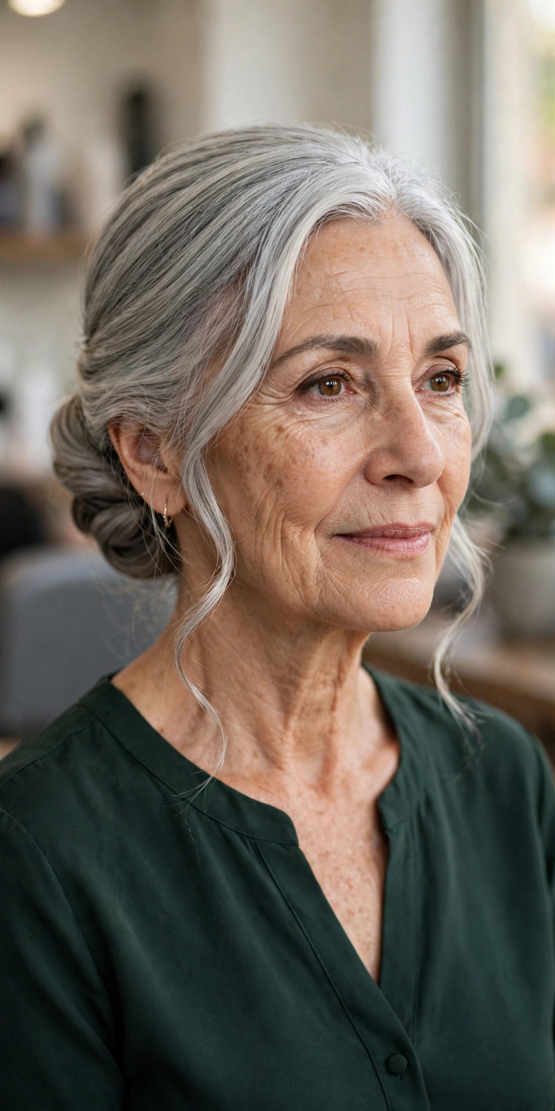 Elegant Silver Low Chignon - gray hairstyle for woman over 50