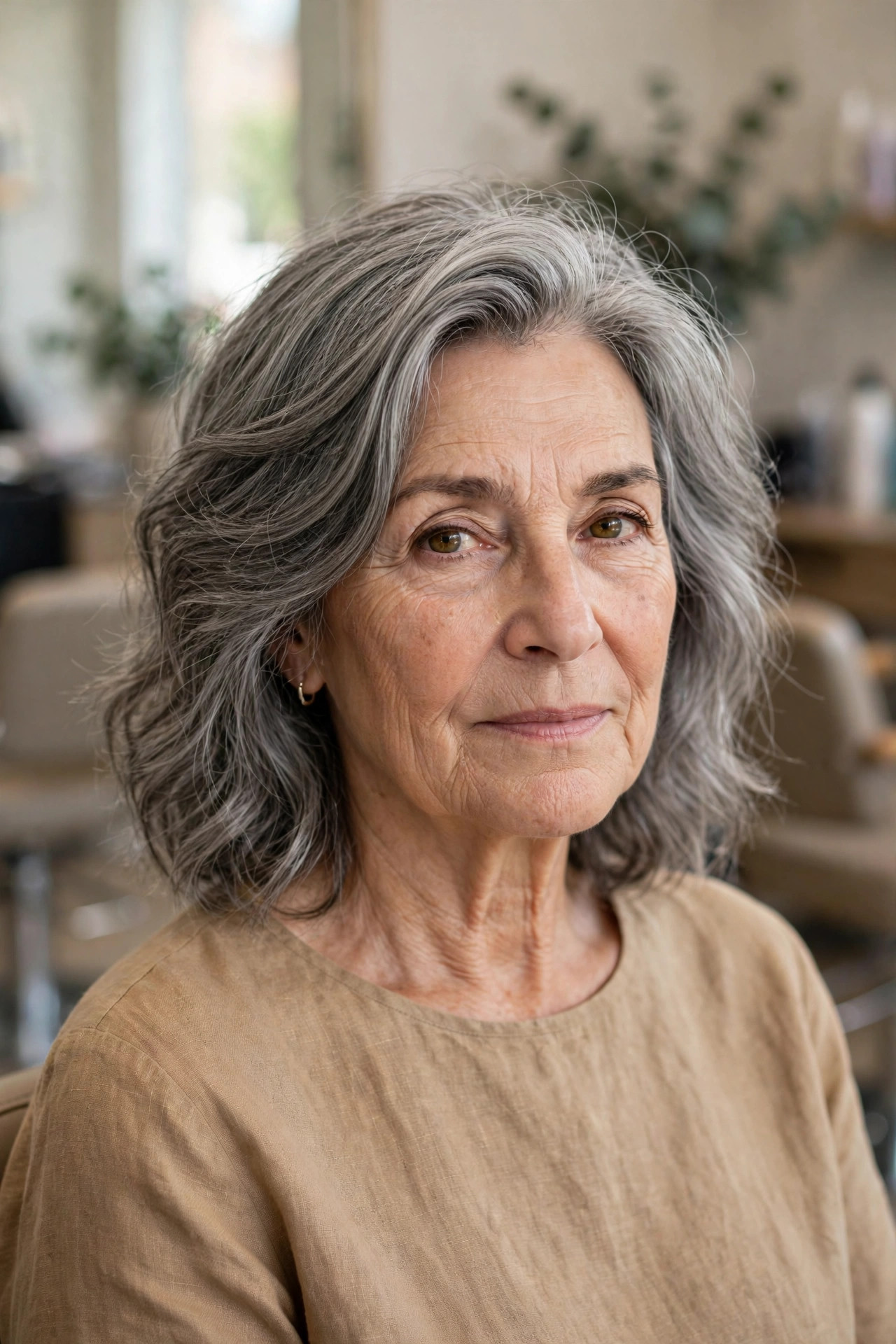 Steel-Gray Shoulder Waves - gray hairstyle for woman over 50