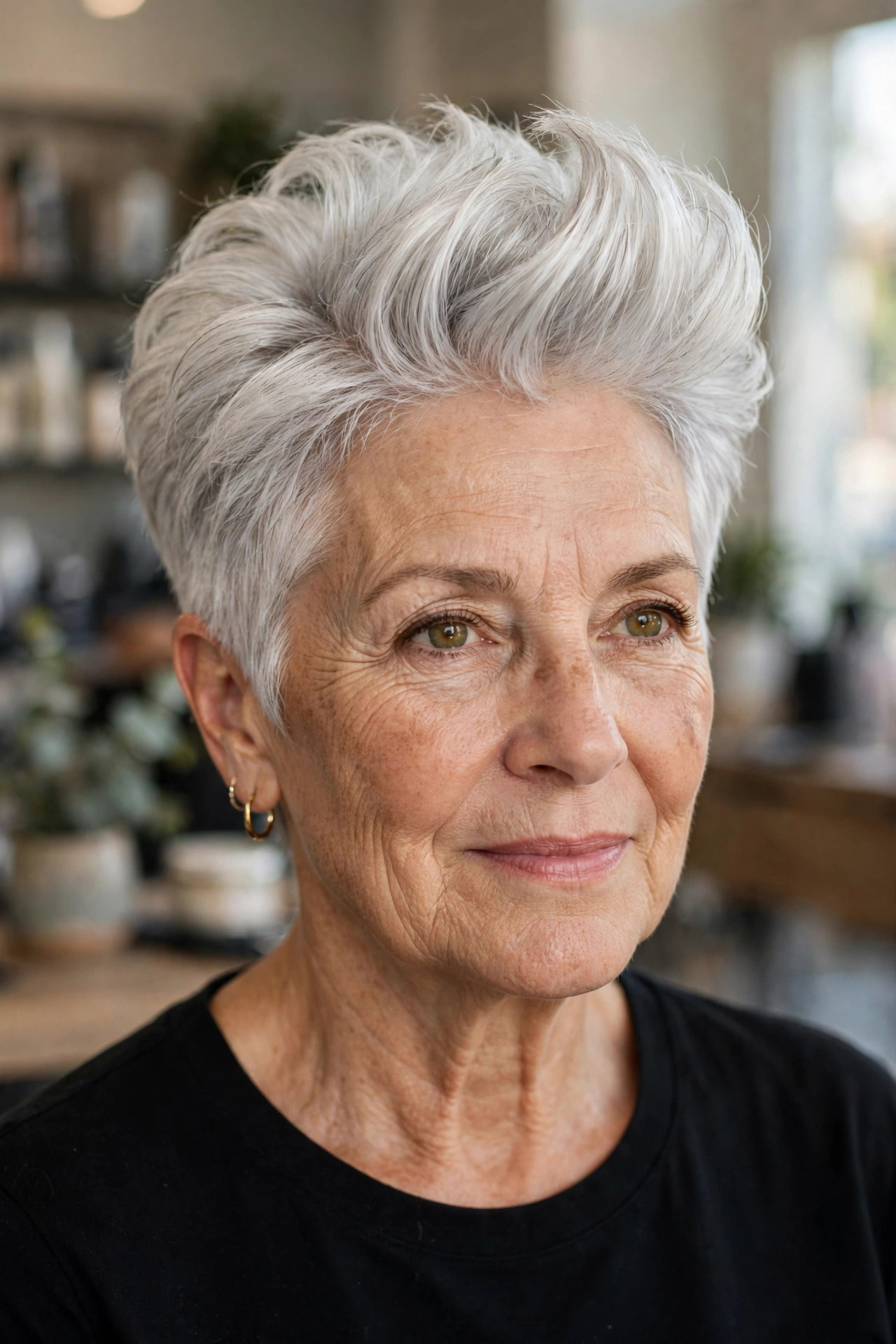 Voluminous Silver Pompadour Pixie - gray hairstyle for woman over 50