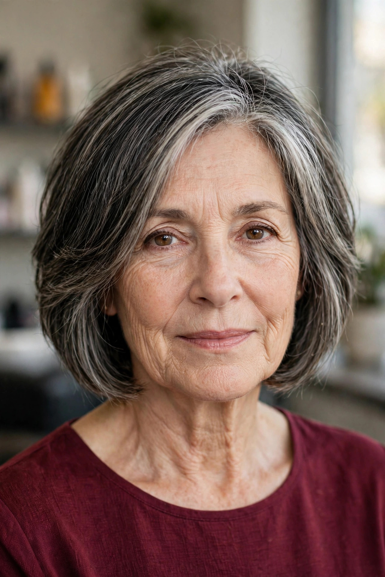 Salt-and-Pepper Layered Bob - gray hairstyle for woman over 50