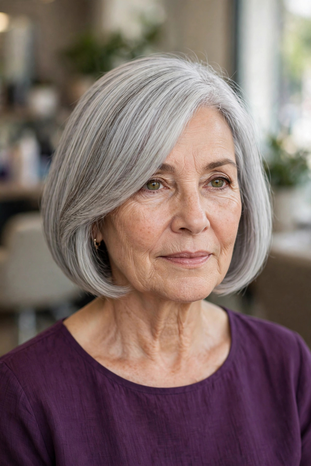 Silver Bob with Side-Swept Bangs - gray hairstyle for woman over 50