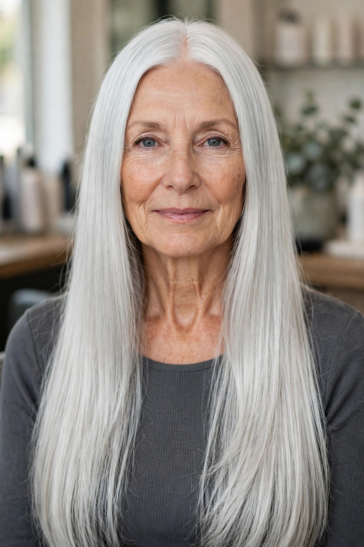 Sleek Long Silver Hair with Center Part - gray hairstyle for woman over 50