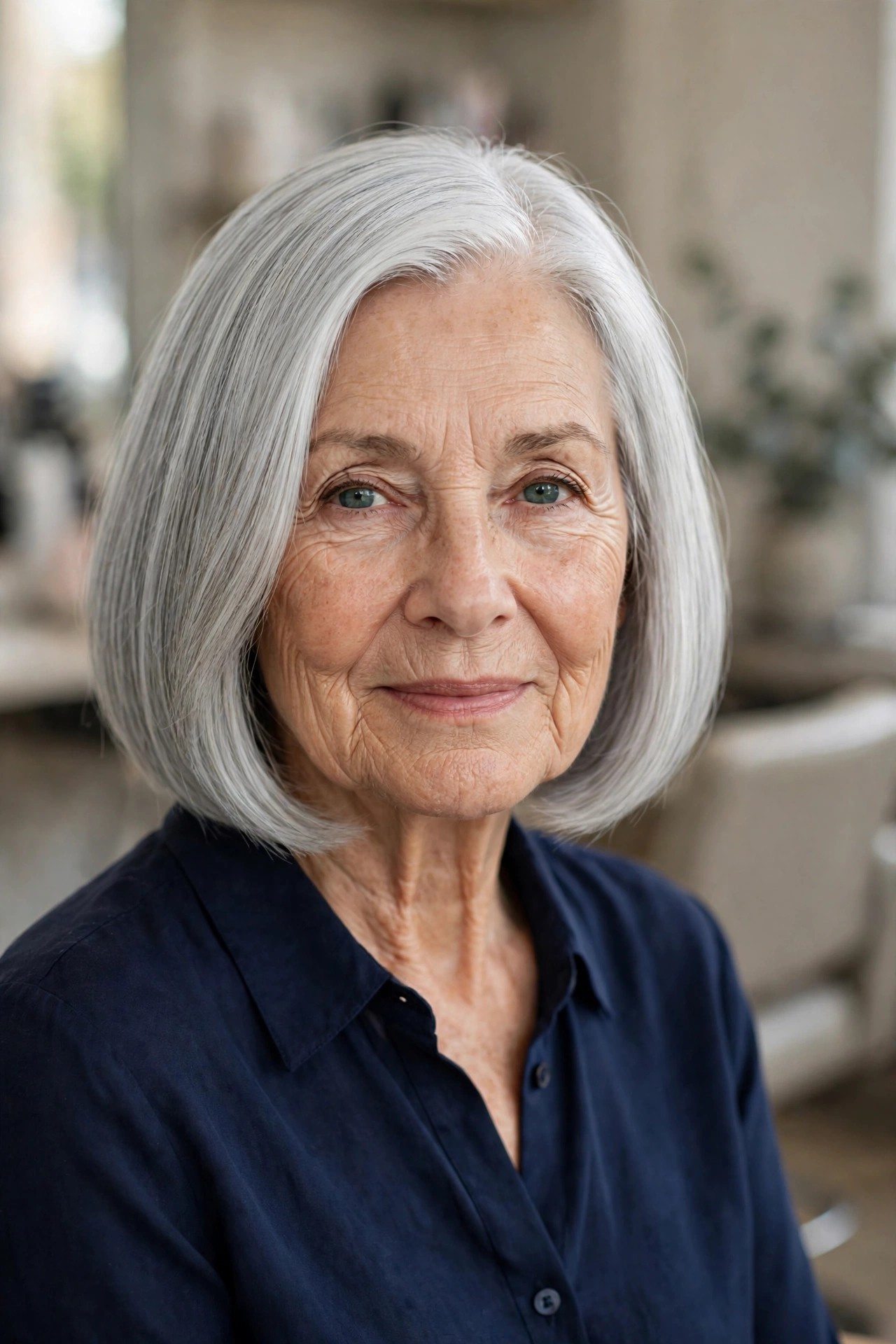 Sleek Silver Chin-Length Bob - gray hairstyle for a woman over 60
