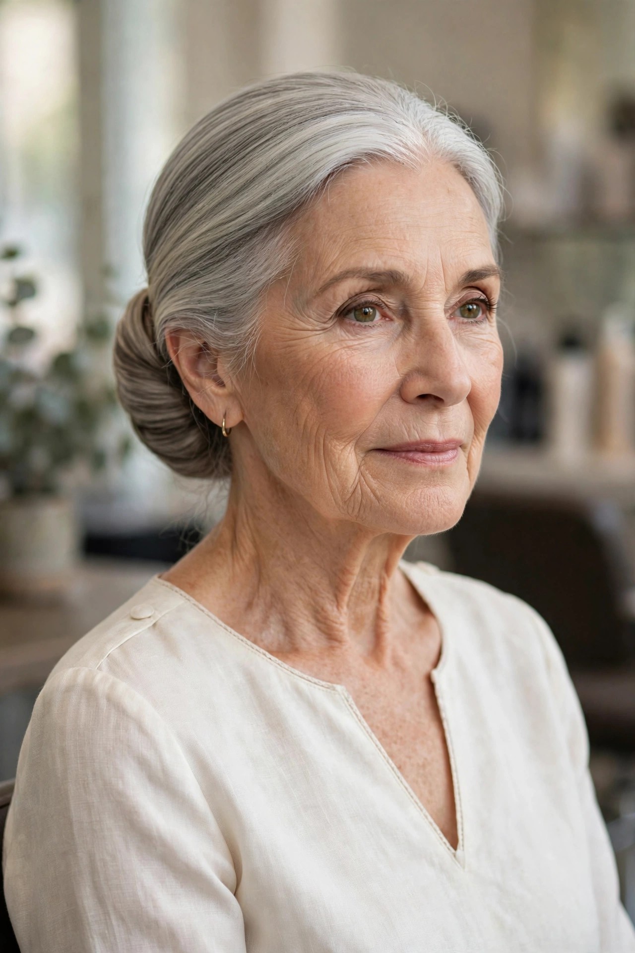 Elegant Silver Low Chignon - gray hairstyle for a woman over 60