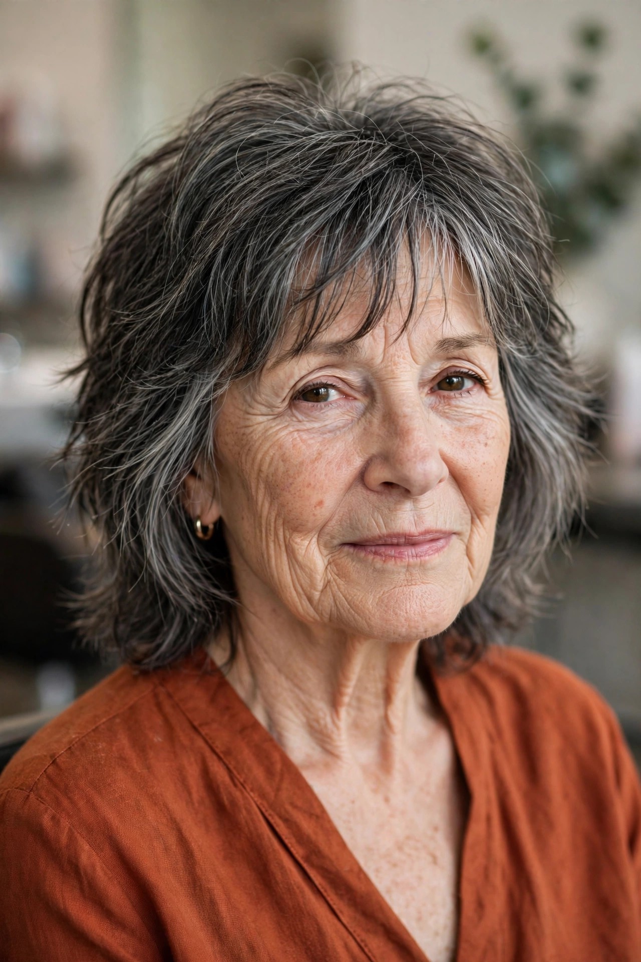 Charcoal Gray Soft Shag - gray hairstyle for a woman over 60