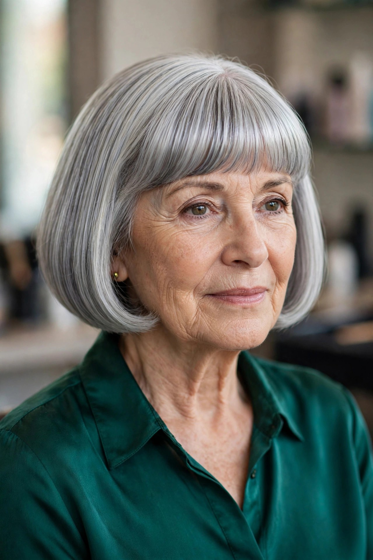 Glossy Silver Pageboy with a Smooth Fringe - gray hairstyle for a woman over 60