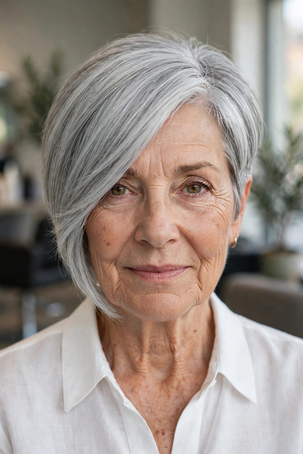 Asymmetric Silver Pixie Bob - gray hairstyle for a woman over 60