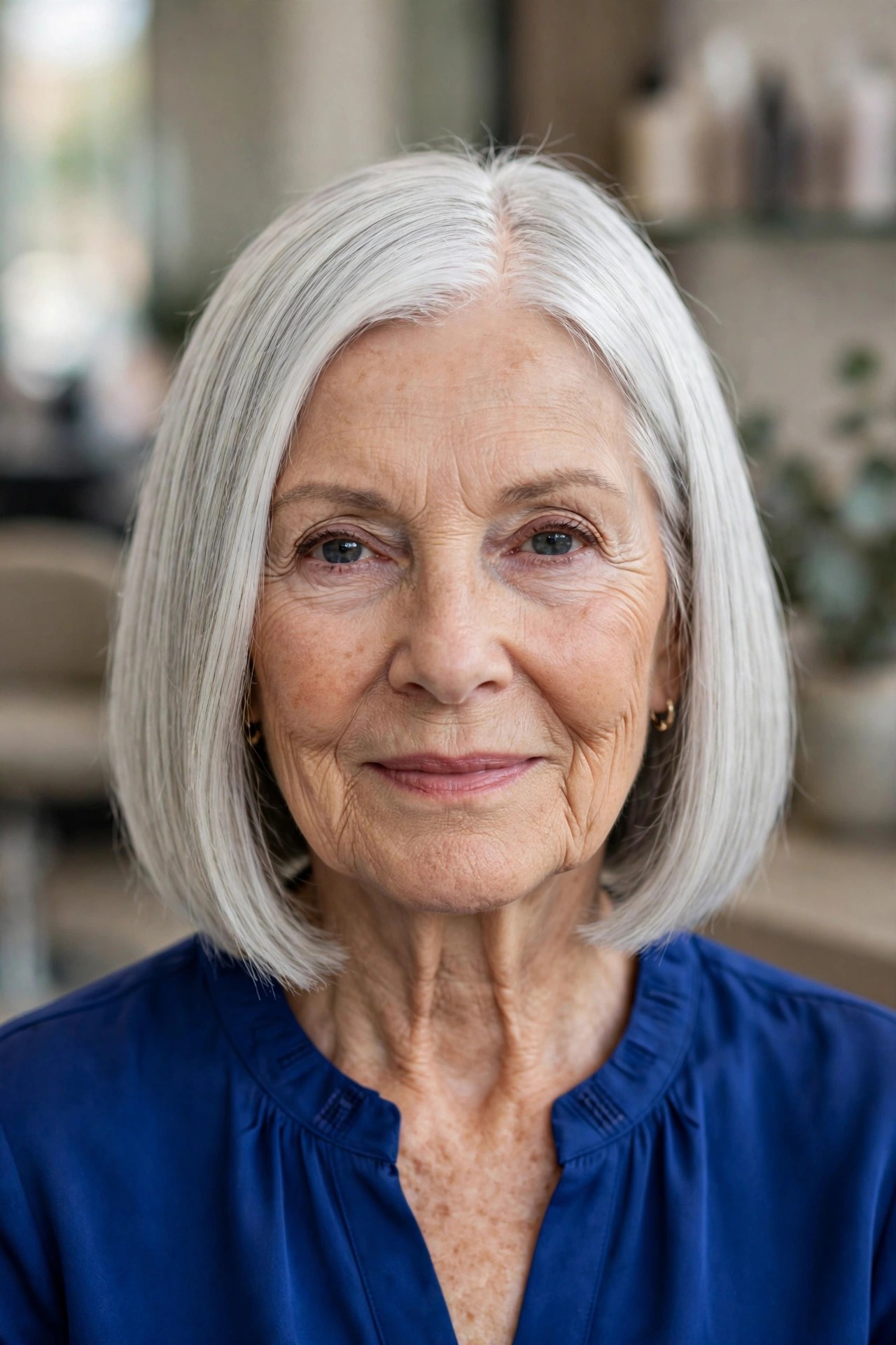 White-Silver Blunt Bob with a Center Part - gray hairstyle for a woman over 60
