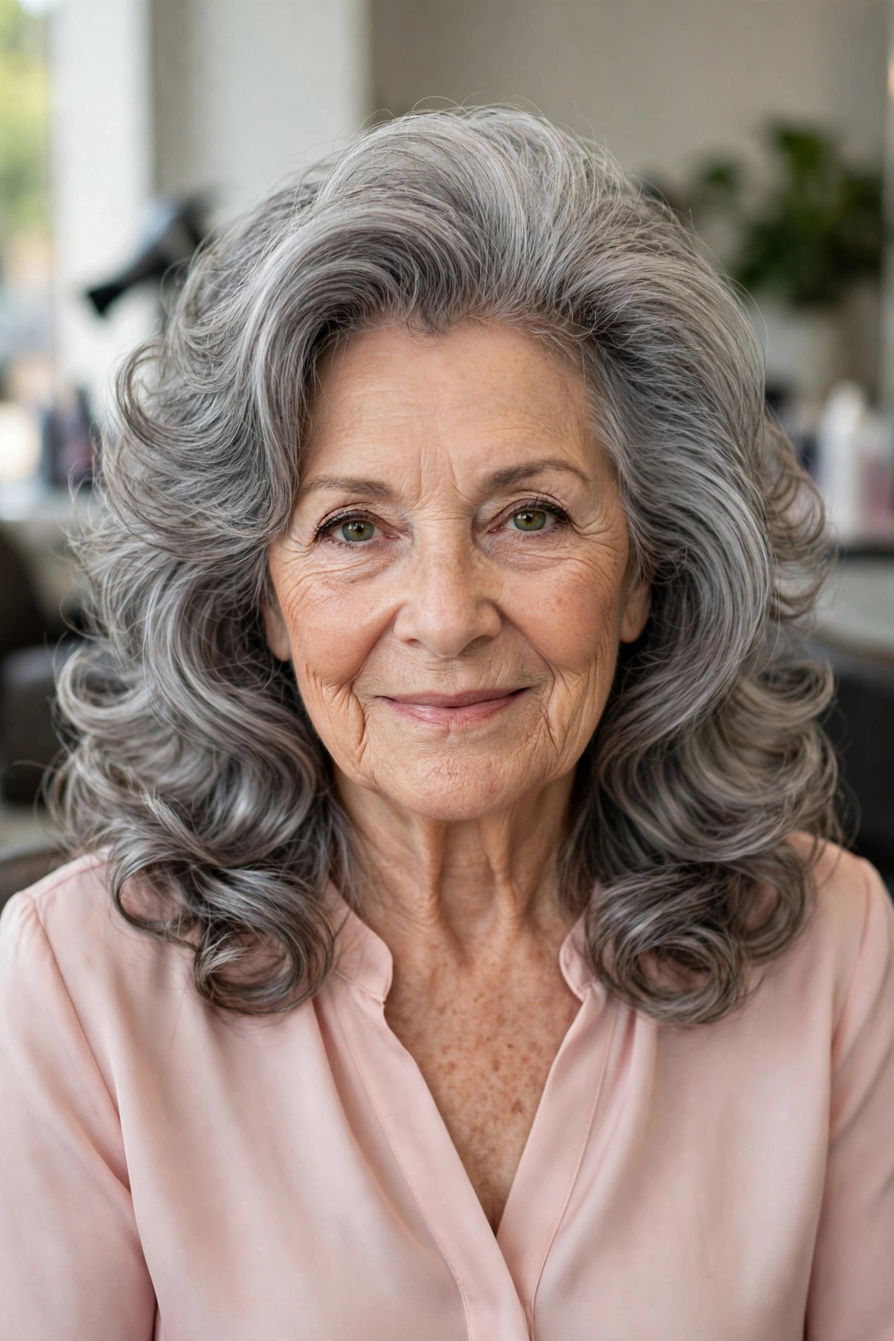Steel Gray Voluminous Blowout Layers - gray hairstyle for a woman over 60