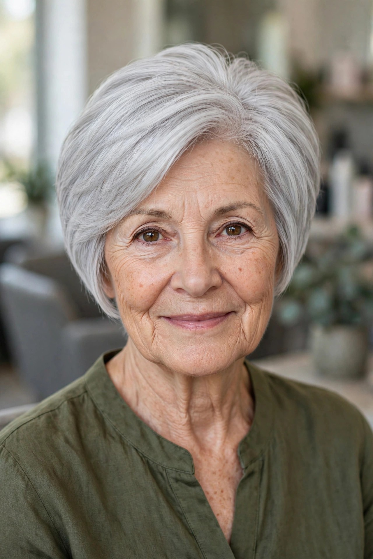 Short Silver Wedge with a Stacked Back - gray hairstyle for a woman over 60