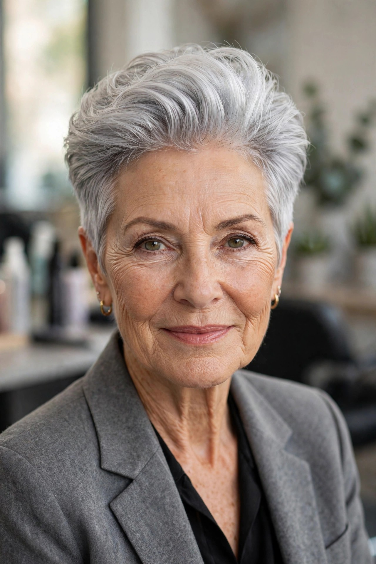 Silver Pixie with a Swept-Back Voluminous Top - gray hairstyle for a woman over 60
