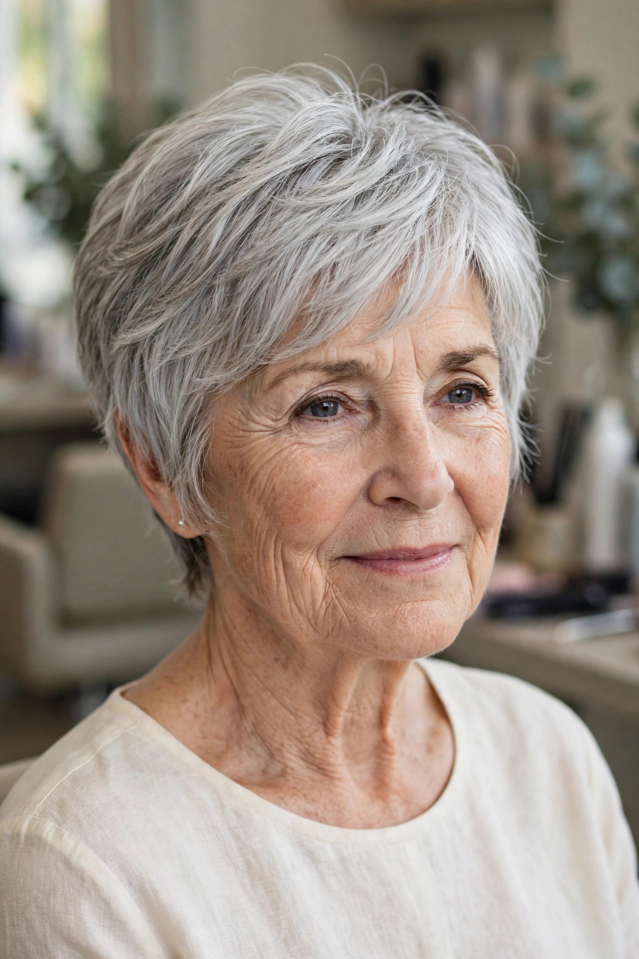 Soft Layered Pixie in Bright Silver - gray hairstyle for a woman over 60