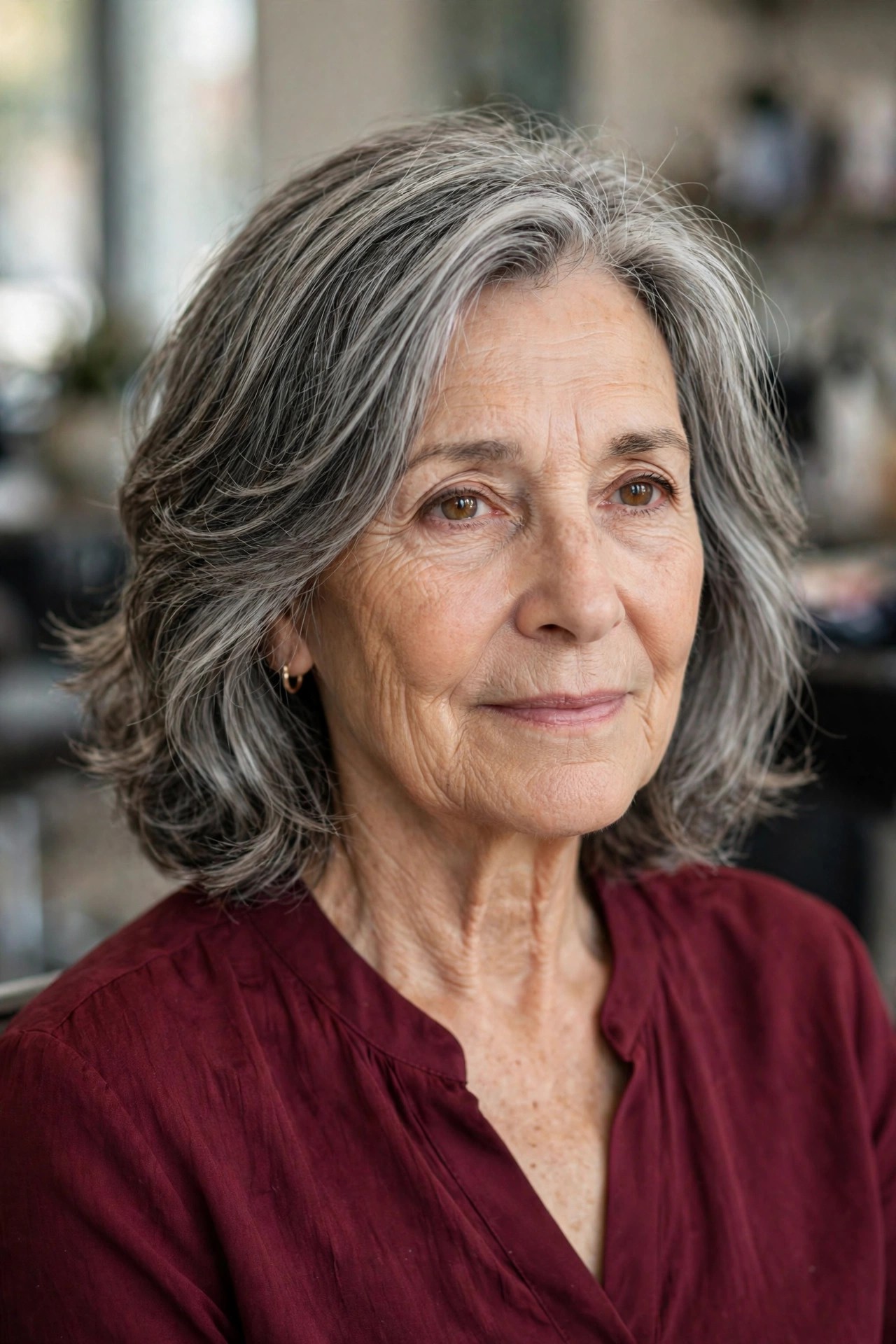 Salt-and-Pepper Shoulder-Length Layers - gray hairstyle for a woman over 60