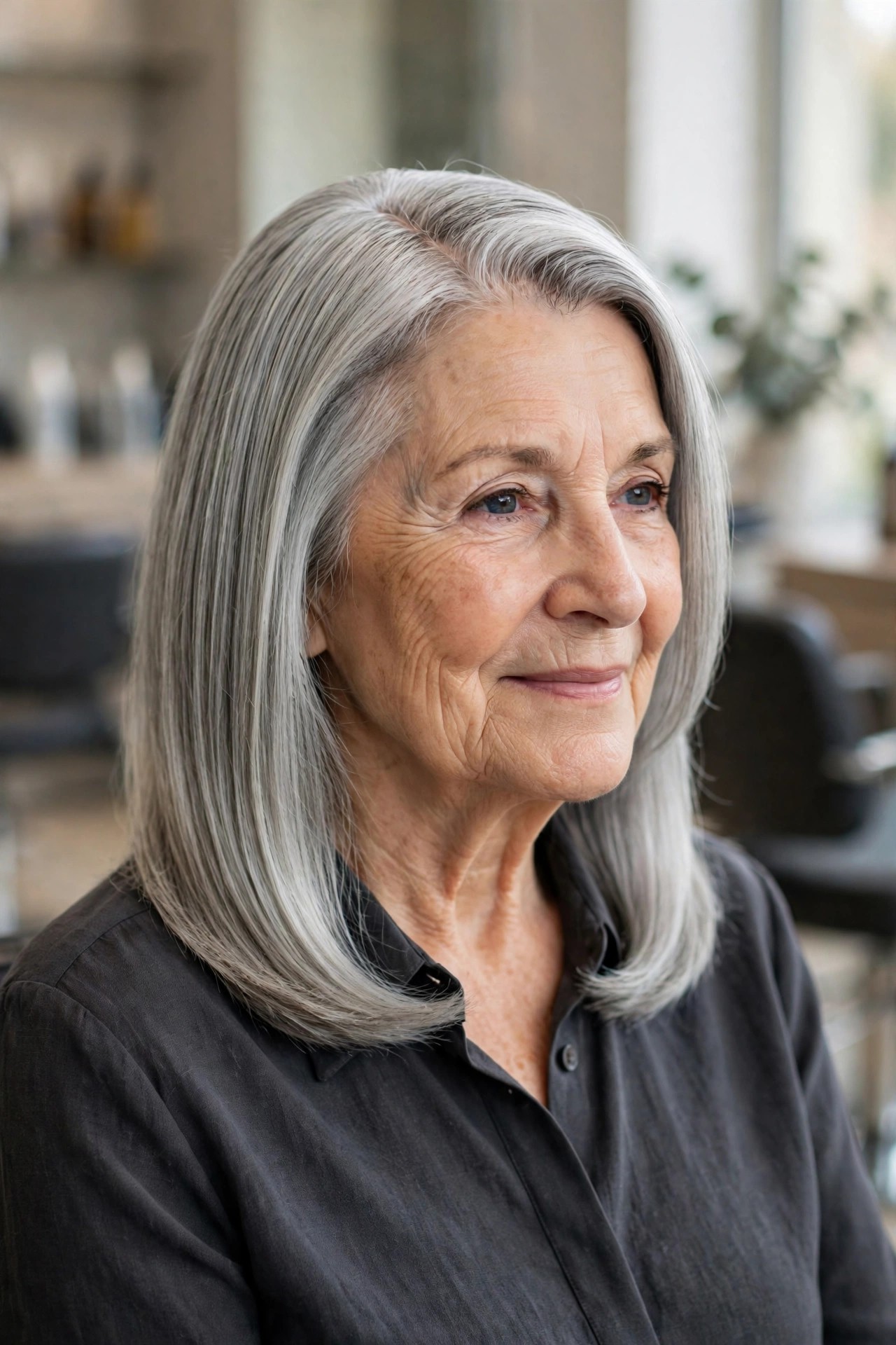 Polished Silver Lob with a Deep Side Part - gray hairstyle for a woman over 60