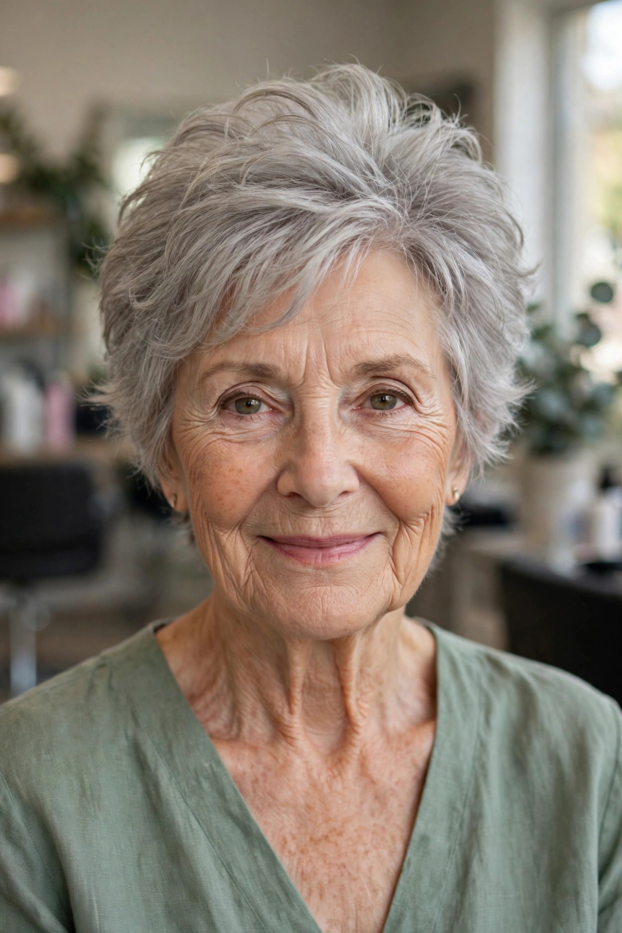 Feathered Gray Pixie with a Lifted Crown - gray hairstyle for a woman over 60