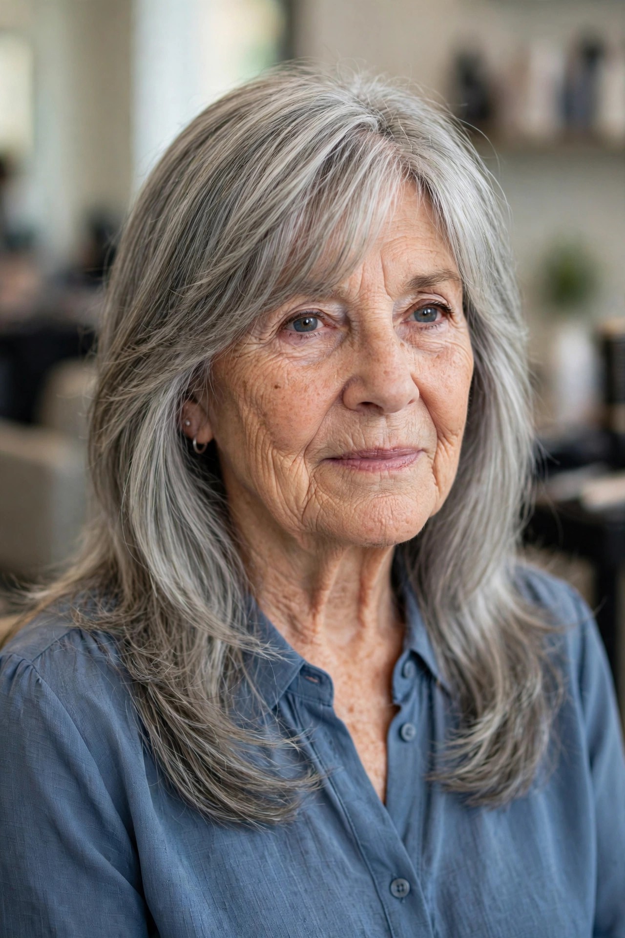Long Silver Layers with Face-Framing Curtain Bangs - gray hairstyle for a woman over 60