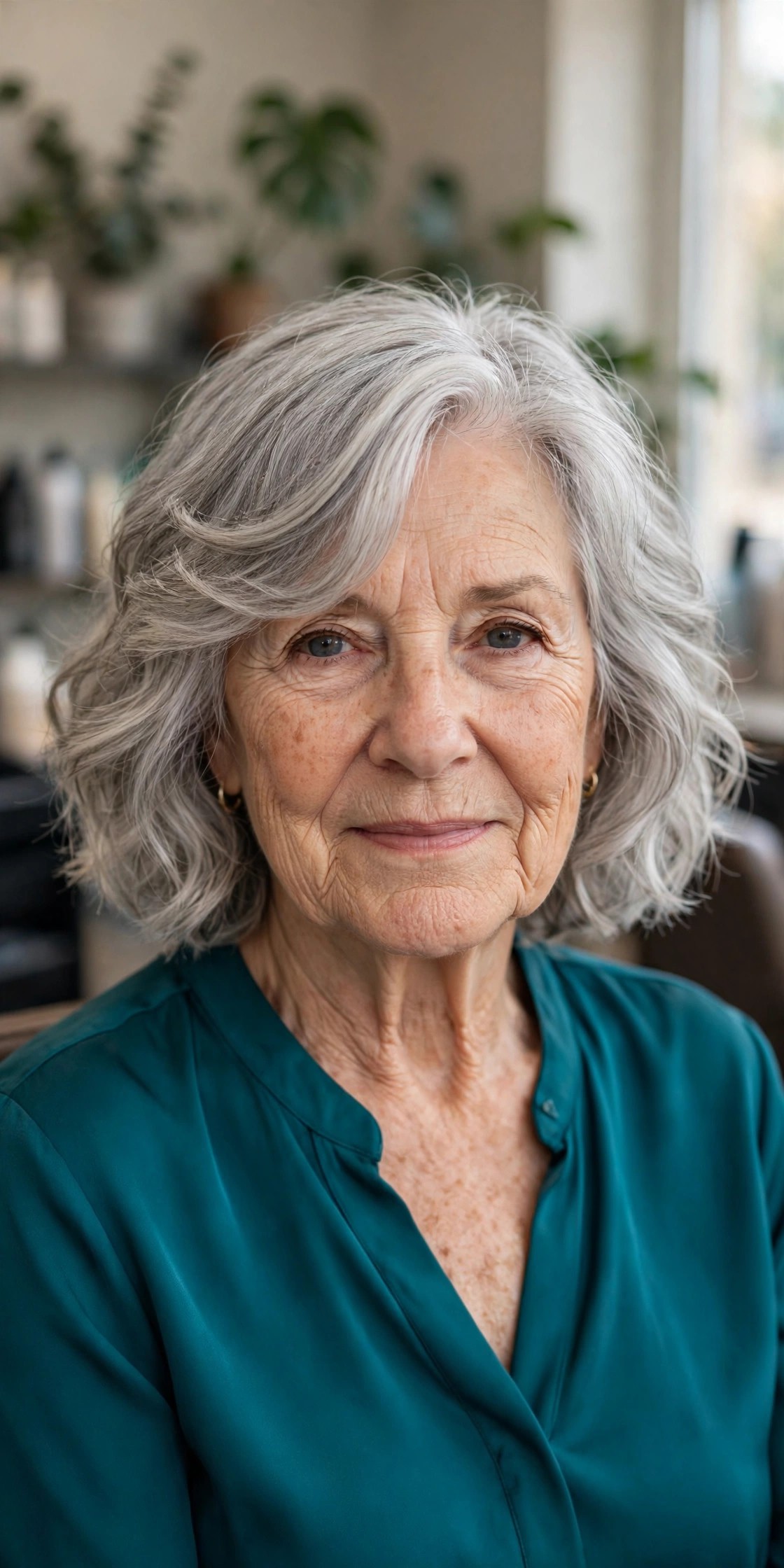 Wavy Gray Bob with Side-Swept Bangs - gray hairstyle for a woman over 60