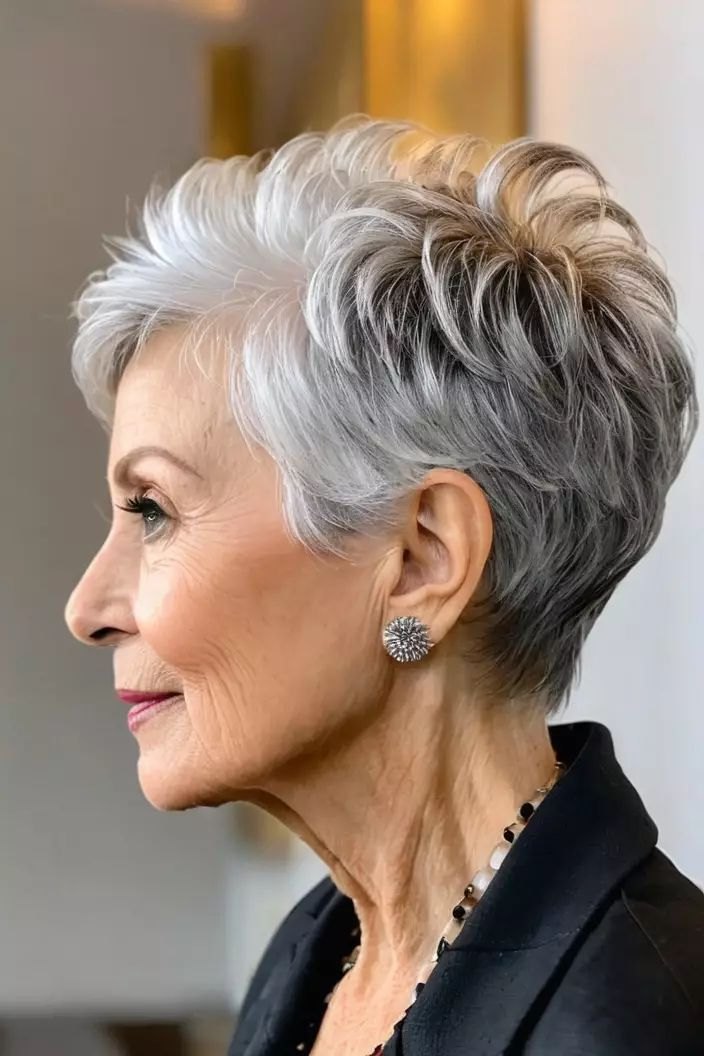 The Layered Silver-Gray Pixie - gray hairstyle on a woman over 70
