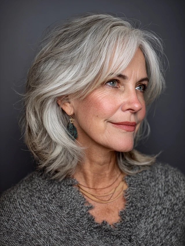 Medium Gray Layers With Gentle Movement - gray hairstyle on a woman over 70