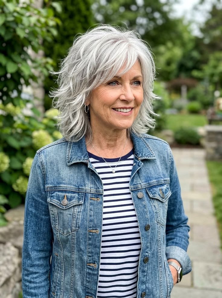 The Gray Wavy Shoulder-Length Shag - gray hairstyle on a woman over 70