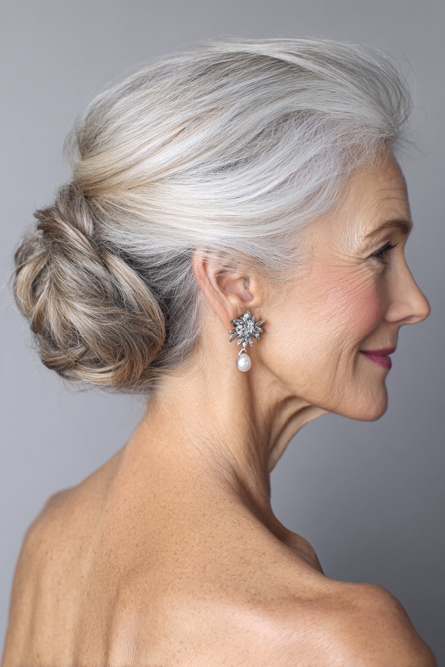 The Sleek Low Gray Bun - gray hairstyle on a woman over 70