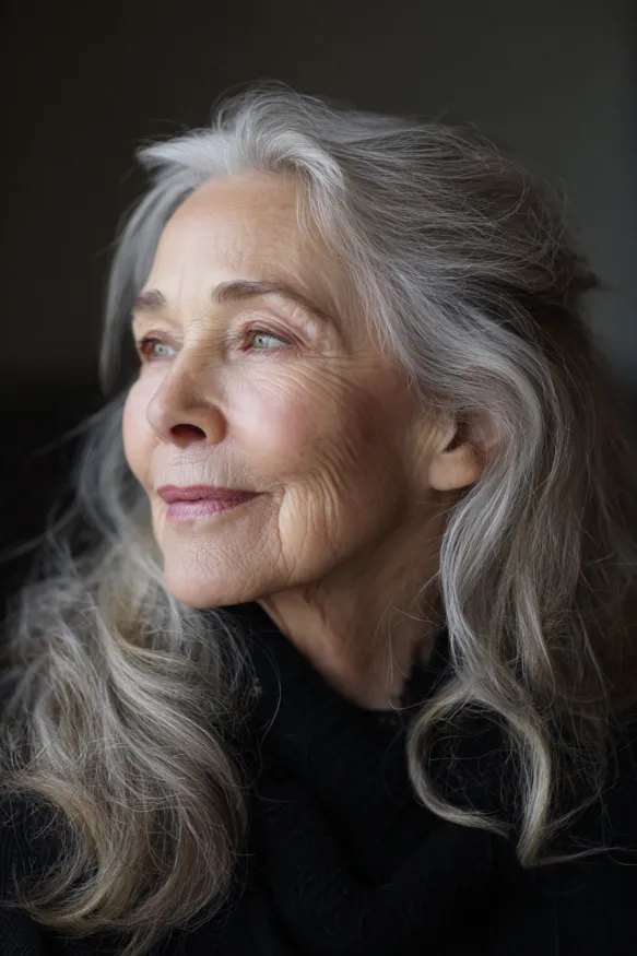 Long Gray Layers With Soft Waves - gray hairstyle on a woman over 70