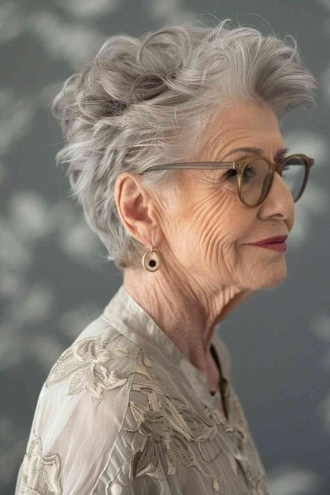 Soft Gray Waves With Statement Frames - gray hairstyle on a woman over 70