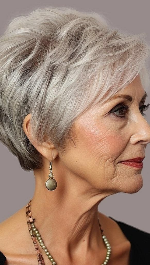 The Feathered Silver Layer Cut - gray hairstyle on a woman over 70