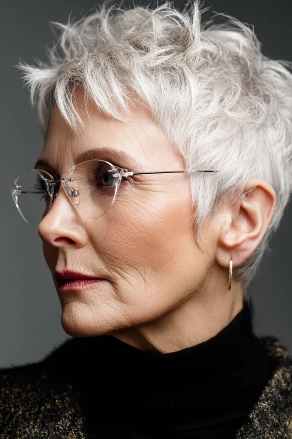 profile of a woman over 70 with a feathered white pixie wearing rimless glasses
