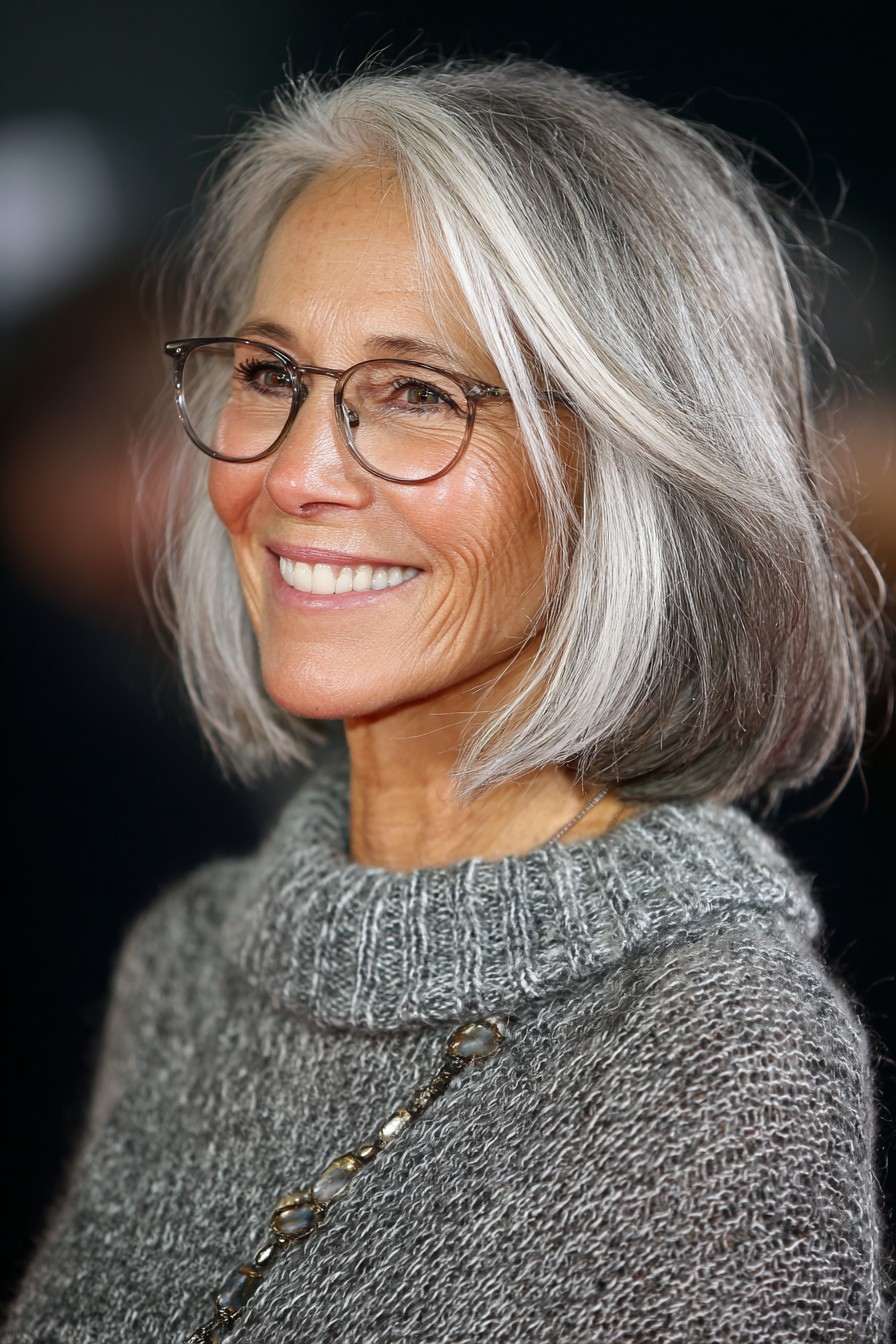 smiling woman over 70 with a bright silver bob wearing glasses