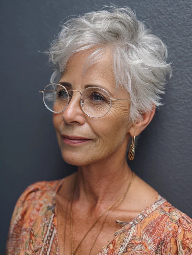 woman over 70 with a white curly pixie cut wearing fine metal glasses