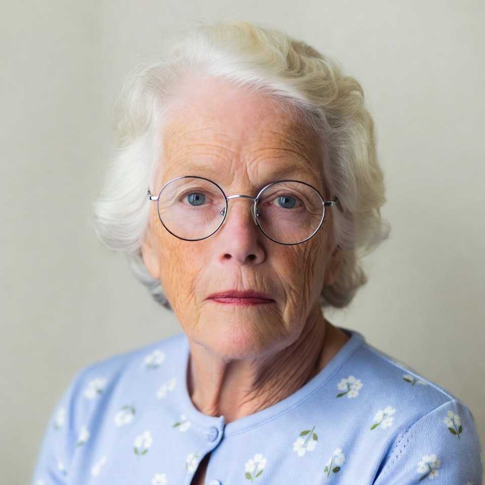 woman over 70 with gentle white waves wearing round tortoiseshell glasses