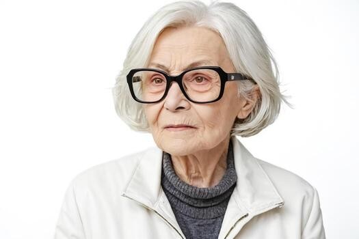 woman over 70 with a snow-white bob wearing bold black glasses