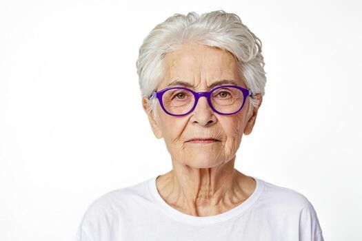 woman over 70 with a short white crop wearing purple glasses