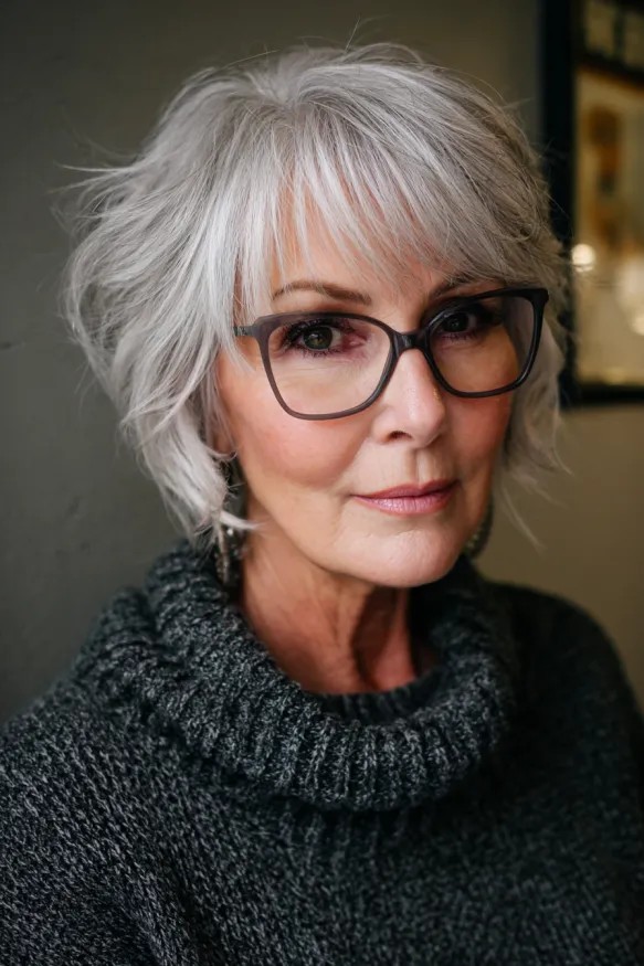 woman over 70 with a silver shag bob wearing strong black glasses